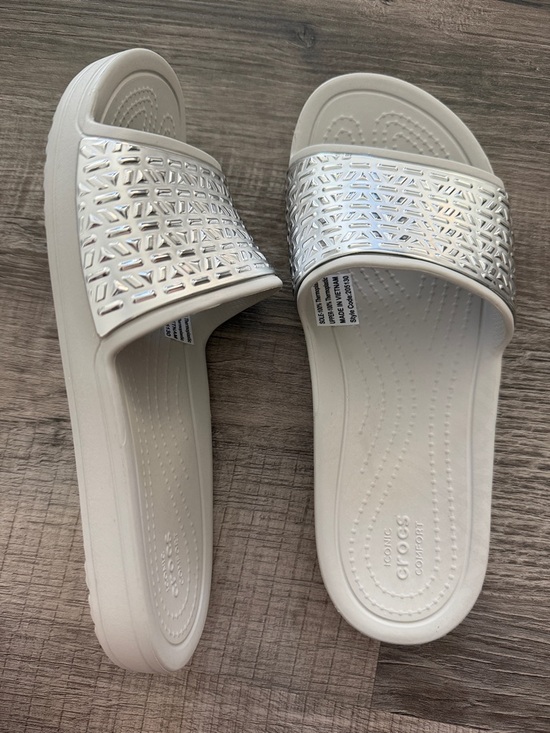 CROCS Shoes - Crocs Women's White Slide Sandals with Silver Metallic Strap 7
